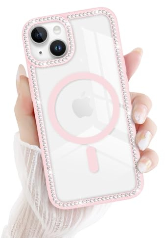Newseego Cover Magnetica Trasparente per iPhone 13/14 [Compatibile con Magsafe] Bordo Scintillante con Diamanti Custodia Morbida in PC Antiurto con Bordi Rialzati per iPhone 13/iPhone 14-Rosa