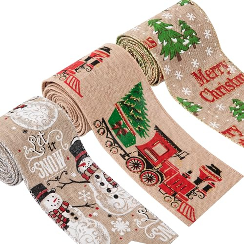 Yesaler Nastro di Iuta Natalizio Treno dell'albero di Natale Nastri Decorativi Tessuto per Ghirlande Fai da Te Avvolgimento Artigianato Decorazione 3 Rotoli