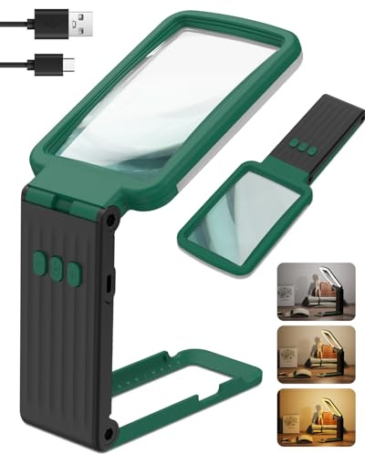 15X Magnifying Glass with Light and Stand, Rechargeable Folding Handheld Real Glass Magnifier, 3 Color Modes Dimmable Lighted Page Magnifying Sheet for Seniors Low Vision Small Prints - Green Black
