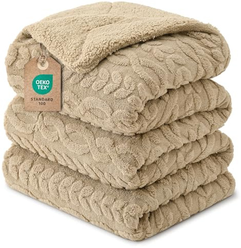 PHF Sherpa Fleece Blanket Twin Size 60 x 80, 510GSM Ultra Soft Fleece Lightweight Yet Warm Blanket for Winter Bed, No Shedding, No Pilling, Tufted Jacquard for Luxury Home Decor, Khaki