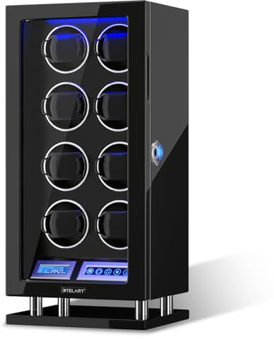 XTELARY Uhrenbeweger, Fingerabdrucksperre Automatischer Uhrenbeweger für 3/4/6/8//9/12 mit LCD-Touchscreen, Fernbedienung, Blauer LED, Leisem Motor und Verstellbaren Uhrenkissen für Herren und Damen