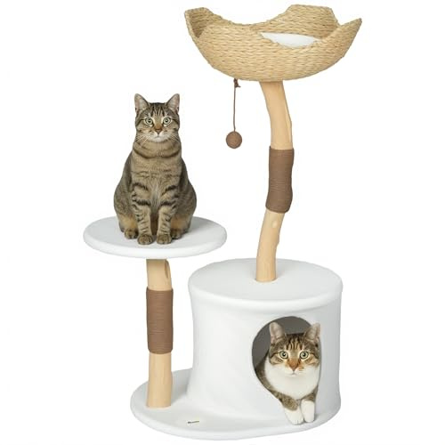 PawHut Arbre à Chat Hauteur 102 cm, Tour de Jeux pour Chats avec griffoirs, Plate-Forme, lit, Niche, Coussin Moelleux Lavable, Tissu Peluche, Multi-Niveaux, Blanc