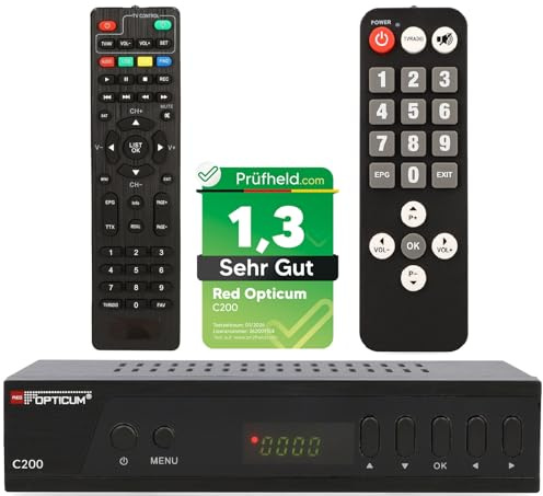 Opticum C200 Full HD Kabel Receiver mit PVR Aufnahmefunktion + Senioren-Fernbedienung, DVB-C Receiver für Kabelfernsehen mit HDMI SCART USB Kabelanschluss für Radio und Fernsehen