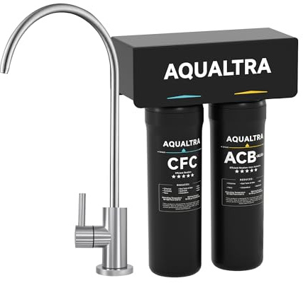 AQUALTRA USF-2F-10 Système sous évier alcalin avec robinet, 75700L, réduit PFOA, PFOS, chlore, plomb, mercure, chloramine, fluorure, microplastiques, mauvais goût & odeur