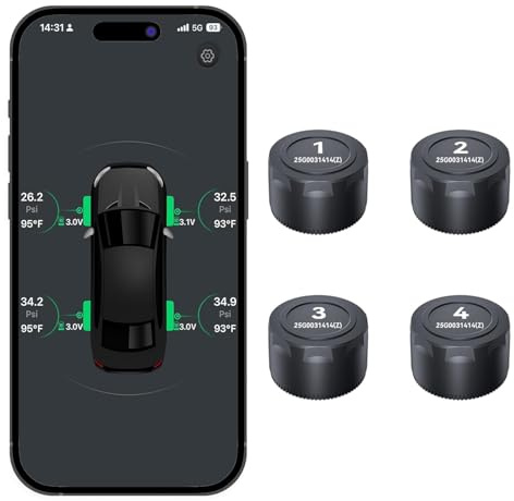 OBEST Tire Pressure Monitoring System, Motorcycle Tire Pressure and Temperature Alarm, Bluetooth Motorcycle/Car TPMS with 4 External Sensors, Support iOS and Android, for Trailer Camper (32190)