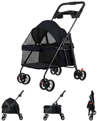 Passeggino per animali domestici a 4 ruote con portabicchieri, passeggino portatile per gatti/cani, leggero, traspirante, in rete pieghevole, capacità di carico 7,5 kg, carrello per cani e gatti di