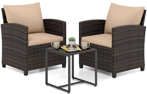 COSTWAY Set Mobili da Giardino 3 Pezzi, Salotto da Esterno in Rattan PE con 2 Poltrone e 1 Tavolino in Vetro Temperato, Set da Conversazione con Cuscini Sfoderabili per Patio (giallo, Modello 5)