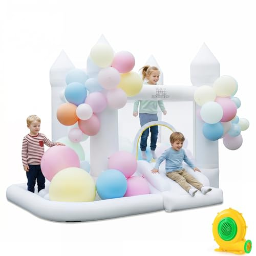 COSTWAY Castillo Hinchable para Niños de 3-12 años, con Soplador | Castillo Inflable con Tobogán, Trampolín, Canasta de Baloncesto y Globos Decorativos, Casa Hinchable para Jardín Fiesta