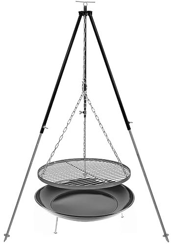 GRILLPLANET Dreibein Schwenkgrill Grillrost Edelstahl 50 cm 1,8 m Kettenhöhenverstellung und Feuerstelle