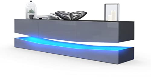 Vladon Lowboard City, Made in Germany, TV-Kommode mit Sockelelement, 1 offenem Fach und 3 Schubkästen, Schwarz matt/Grau Hochglanz, inkl. LED-Beleuchtung (178 x variabel x 39 cm)