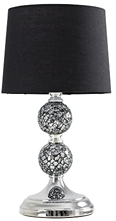 MiniSun | Modern Decorative Chrome and Mosaic Crackle Glass Table Lamp with a Black Shade | Table Lamps, Home Décor & Improvement Essential | Includes 4W LED E14 Light Bulb