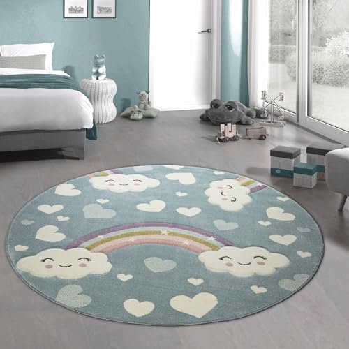 CARPETIA Kinderteppich Kinderzimmerteppich Babyteppich Regenbogen und Wolken blau Größe 160 cm Rund