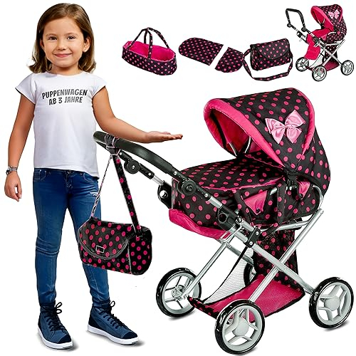 Kinderplay Puppenwagen 3-in-1 – Leichter Alu-Rahmen & leise Schaumräder – Höhenverstellbar 33–62 cm – Für Puppen bis 40 cm – Mit Tragetasche & Umhängetasche, faltbar