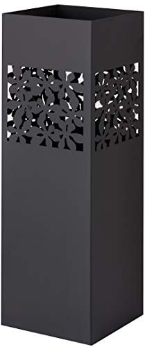 Baroni Home Porte Parapluie en Métal Carré en Style Moderne avec Sculpture Fleures, Porteparapluies avec Crochets et Bac d'égouttement Amovible, Noir, 49x15,5x15,5 cm