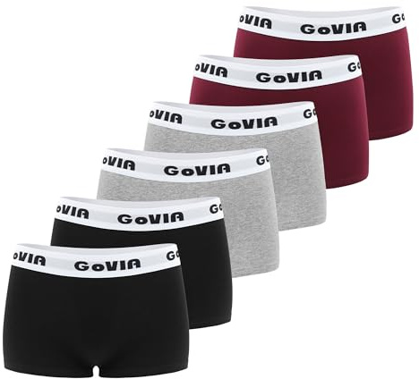 GoVIA Set med 6 - boxertrosor för dam shorts i bomull - sportunderkläder och komfort låg midja - 3921, 2 x svart/2 x vin/2 x grå, 34