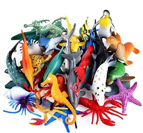PLULON 32Pcs Figuras de Animales Marinos, Juguetes de Animales de Criaturas Marinas Figuras de Juego para niños Animales de plástico Adornos para Tartas para niños Suministros para Fiestas