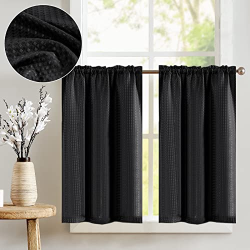 Vangao Waffel Blickdicht Scheibengardinen Modern Küche Einfarbig Schwarz Bistrogardine 2er Set 90Bx90Hcm Landhaus Gardinen Kurz mit Stangendurchzug Küchengardinen Wohnzimmer Wohnwagen Kurzstores