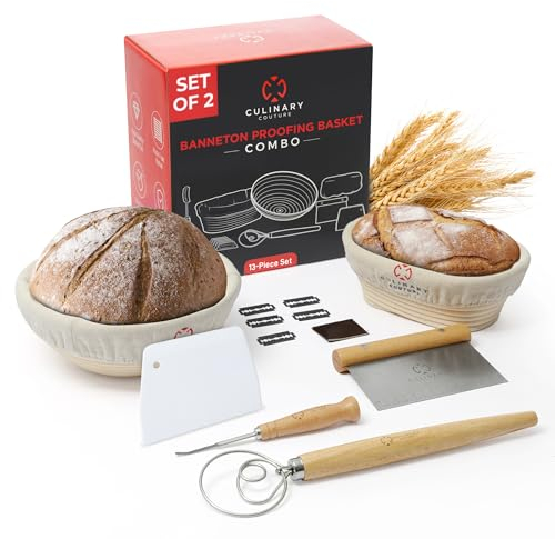Culinary Couture Bread Proofing Basket Set of 2-1 Round 9 and 1 Oval 8 Banneton Proofing Baskets w/Linen Liner, Bench Scraper, Scraper, Scoring Lame, Dough Whisk, 5 Blades - Sourdough Starter Kit