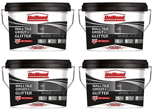 UniBond Lot de 4 seaux de 1,38 kg pour carrelage mural, noir avec paillettes argentées, convient directement à une utilisation dans tous les intérieurs, triple protection contre la moisissure, noir