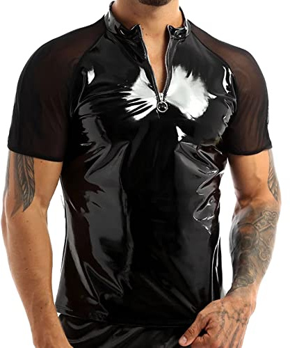 Herren Kurzarm Oberteil Leder Optik Latex Unterhemd T-Shirt Herren Lack Leder Top Hemd Party Club Kostüm Outfit Muskelshirt Latex Glänzend Tops mit Reißverschluss
