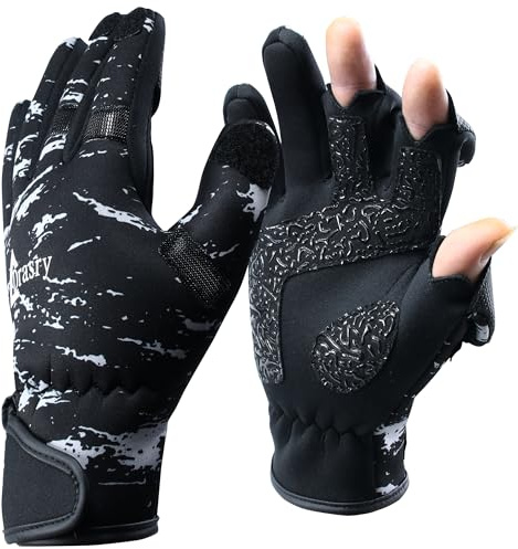 Drasry Neoprene Ice Fishing Gloves Touchscreen 3 Cut Fingers Warm Cold Weather Suitable for Men and Women Fly Fishing Photography Motorcycle Running Shooting (Black/White XL)