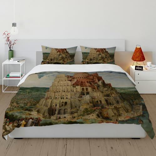DINGSION Pieter Bruegel der Ältere Bettwäsche-Set 3-teilig Der Turmbau zu Babel (Wien) Schlafzimmer-Bettwäsche-Set mit 2 Kissentüchern 4 Krawatten Reißverschluss 140 x 220 cm