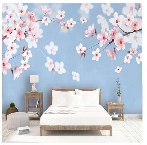 Foto Rosa Pfirsichblüten Blumen Blauer Hintergrund Tapete Für Schlafzimmer Wohnzimmer TV Sofa Wandpapier Wasserdichtes 3D-Wandbild*400 cm x 280 cm (157,4 x 110,2 Zoll)