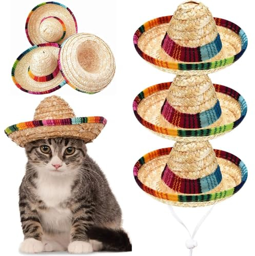 Hixingo Sombrero de Paja para Mascotas, Mini Mexicano Sombrero de Paja para Perro Gato con Ajuste de Cuerda para Fiestas, Sesiones de Fotos (23cm,Arco Iris)