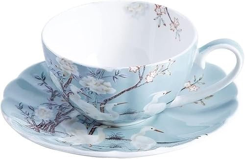 Juego de taza y platillo,juego de taza de té de la Taza de café, taza de café de porcelana fina azul de 8 oz con platillo, flores de colores, taza de té y platillo de porcelana de grulla blanca (color