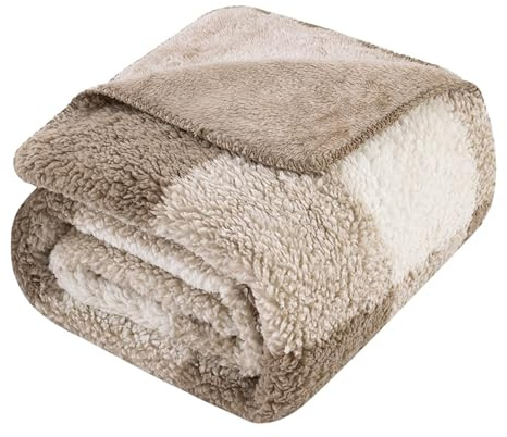 LURKA Checkered Sherpa Fleece Throw Blanket – Soft and Cozy, Medium Weight for All Season, Plush Throw for Couch, Bed & Pets, Khaki, 50x60 Inches