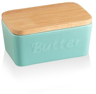 Sweejar Ceramic Butter Dish with Lid for Countertop,Butter Keeper with Thick Wood Lid,Butter Keeper for Counter or Fridge, Butter Holder Storage Kitchen Decor and Accessories for Kitchen Gifts