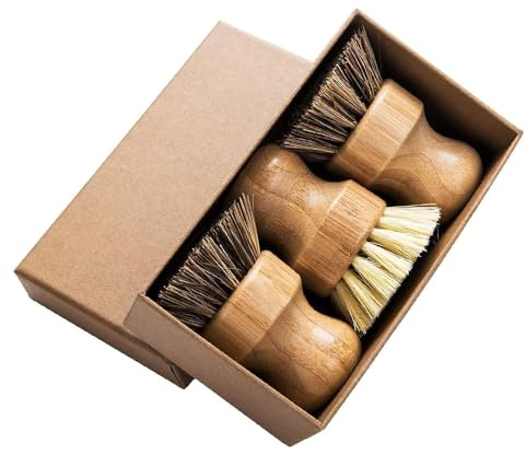 DoHTeck （Set of 3） Bamboo Dishwashing Brush, Kitchen Wooden Cleaning Dishwashing Brush for Cleaning Cast Iron Pots/Pans, Natural Sisal + Coconut Bristles