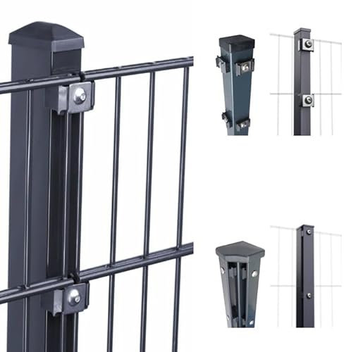 HORI® Doppelstabmattenzaun 656 Basic | Komplett-Set: je 251 cm Gittermatten | Pfosten wahlweise mit Klemmhalter, Abdeckschiene und Eckpfosten Anthrazit RAL 7016 Höhe 183 cm Länge 12.5 m