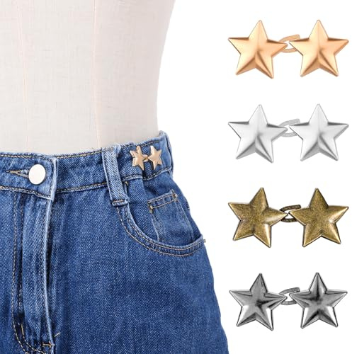 4 Sets Stars Jean Buttons, Pentagram Pants Waist Tightener, No Sewing Required Pants Clips Removable Jeans Buttons for Loose Jeans Metal Button Pins for Pants Skirts Clothing Accessories