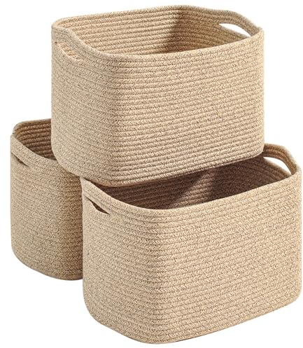 Dcerzxzci Storage Baskets for Organizing Shelves, Woven Cotton Rope Basket for Storage, Dog Toy Baskets Storage Kids, Cute Shelf Basket for Living Room Bedroom, 14.8×11×9.5, Pack of 3, Brown