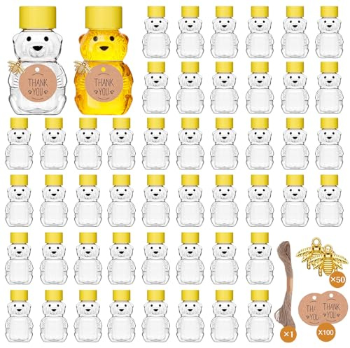 Barafat 50 Pack 2 oz Plastic Honey Bear Bottles Jars with Lids | Adorable Bear Design, Food-Grade PET, Easy Squeeze, Leak-Proof Cap, perfect for baby showers and party favors