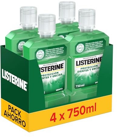 Listerine Protección Dientes y Encías, pack de 4 x 750 ml, enjuague bucal con flúor, colutorio bucal con 24 horas de protección, elixir bucal para un aliento fresco duradero
