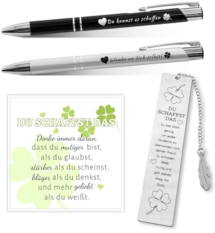 Henjunu Mutmacher Geschenk Set, Motivierende Kugelschreiber mit Spruch | Lesezeichen Metall, Du Schaffst Das, Glücksbringer Prüfung, Aufmunterung Geschenke für Männer Frauen Freund Kollege Prüfungs