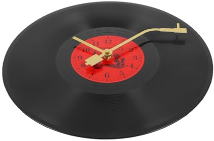 Amosfun Orologio da Parete Orologio Rosso Versatile Stile Retrò in Vinile Design Unico da Parete Decorazione Artistica in Plastica e Forma Disco per Casa e Studio