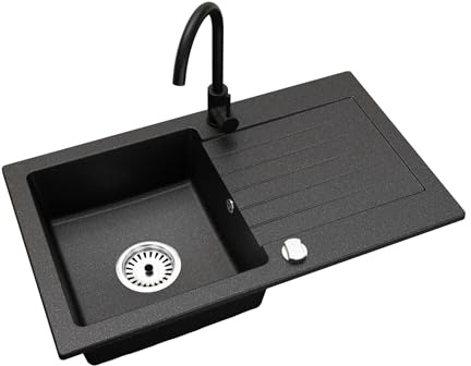 Faizee Granitspüle 75 x 44 cm Schwarz Gesprenkelt – inklusive Armatur Genial in Schwarz – eckige Einbauspüle aus Granit – beidseitig montierbar, kratzfest, hitzebeständig – modernes Spülbecken