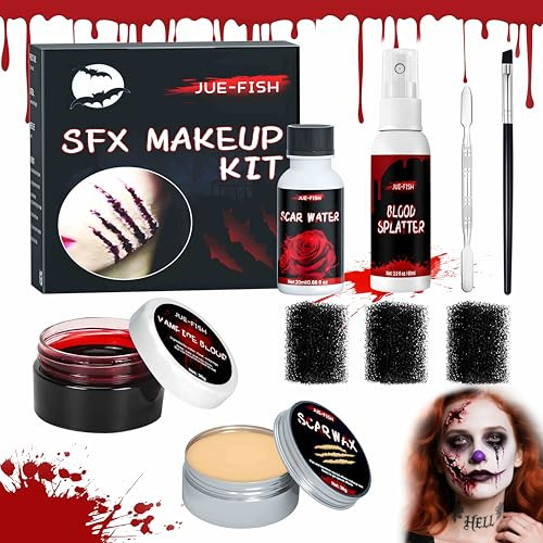 Dwafill Halloween Maquillage Faux Sang - Sang Artificiel Epais Cire Cicatrice Faux Sang Spray , Lavable Fake Blood Halloween Makeup Kit Blessures Cire Maquillage , Pour Zombie Vampire Cosplay