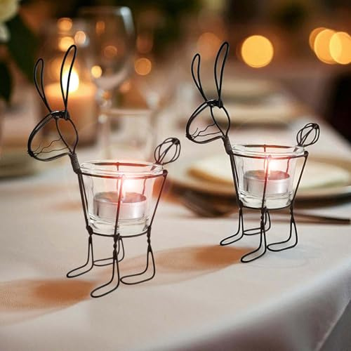 2 x Schwarzer Deko-Kerzenhalter Hase aus Metall mit Glas als Set, Kerzen- & Teelichthalter, Oster-Dekoration, Garten-Tisch, Hochzeit, Herbst, Indoor & Outdoor, Wohnzimmer, Fensterbank Pflanzenhalter