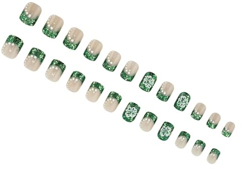Short Square Press On Nails Green Shamrock Stick Motchned On Nails Per Le Celebrazioni Del Giorno Patrick E Feste A Tema Nail Art