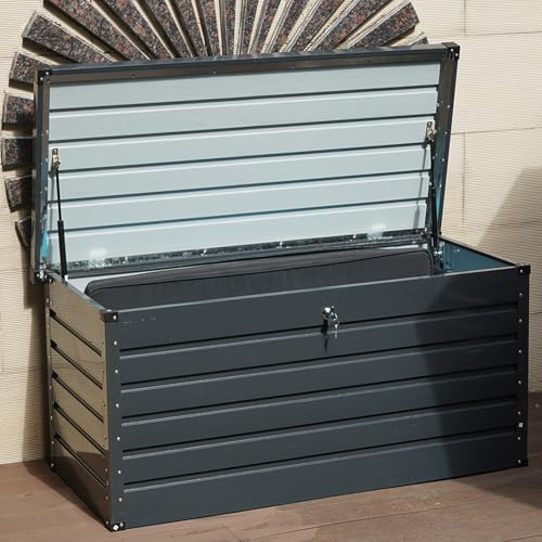 Gr8 Garden 420 Litre Metal Storage Box With Lid Dark Grey Anthracite Extra Strong Patio Shed Utility Cushion Chest Fence Panel Effect Large Lockable Truck Indoor Outdoor Furniture