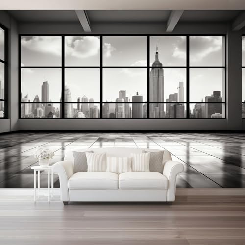 Papel pintado Vista urbana de ventana simple Fotomurales Pared Tejido No Tejido Decorativos Murales Fotográfico Gris frío Moderno Decoración de Paredes 400 x 280 cm