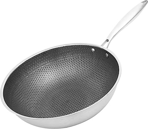 LIGIGWASH Wok en Acier Inoxydable Antiadhésif à Nid D’abeille pour Cuisson | Argenté, Surface Résistante aux Rayures, Nettoyage Facile, Conception Épaissie Cuisine Quotidienne