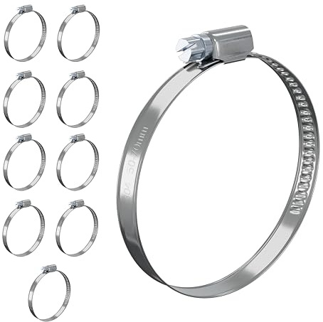 10 PcsHose Clips Adjustable Jubilee Clips 50-70mm, 304 Stainless Steel Hose Clamps, Assorted Worm Drive Pipe Clip Clamps for Exhaust Hoses Gas Water Pipes Fuel Line Garden Connections(50-70mm)