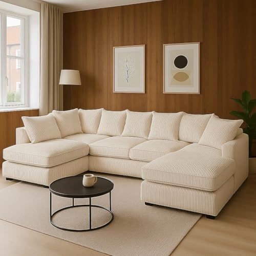 SofaHeaven - Cream Jumbo Cord U-Shaped Cord Sofa - Large Modular Sofa with Memory Foam Seating & Removable Cushion Covers - Seats 6-7 People - Ideal U-Shape for Living Room