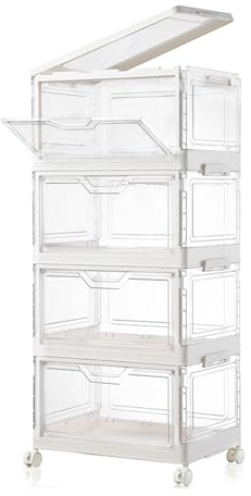 THCTYRP Aufbewahrungsbox 23L 4 Stück, Faltbar mit Tür & Rollen | Durchsichtige Stapelboxen mit Deckel, Stapelbare Aufbewahrungsbox mit Rollen, Platzsparend
