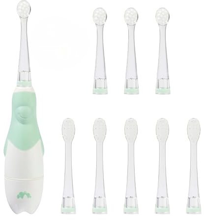 Bebeconfort Brosse à Dents Électrique Bébé, Dès 18 mois, Brosse à Dents sur Batterie, 8 Têtes de Rechange, Minuteur Intelligent 2 min, LED Lumineuses, Moteur Silencieux, Base Plate pour Tenir Debout
